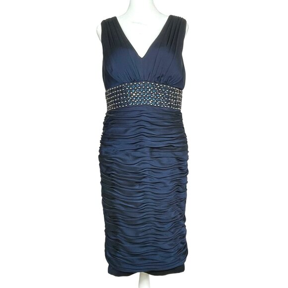 Xscape by Joanna Chen Embellished Ruched Dress Midnight Blue Formal Size 12P - Picture 1 of 13